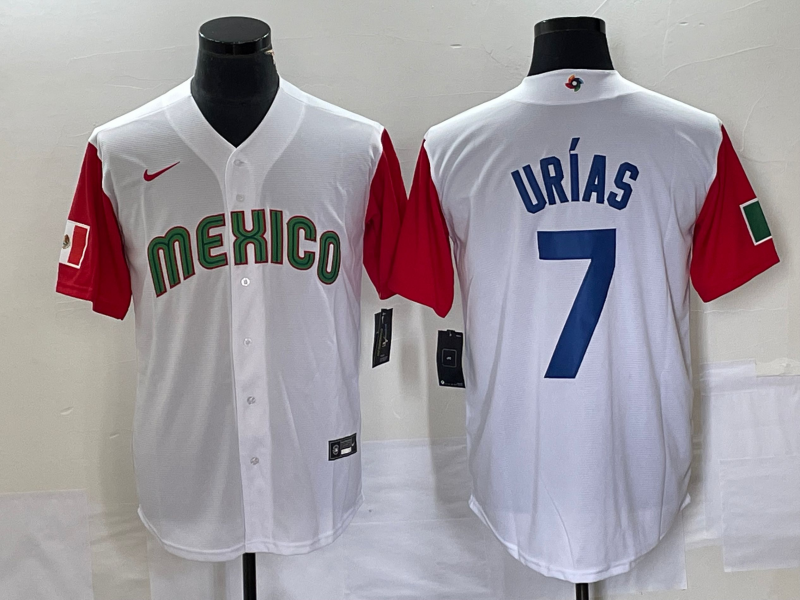 Men's Mexico Baseball #7 Julio Urías 2023 White Red World Baseball With Patch Classic Stitched Jersey